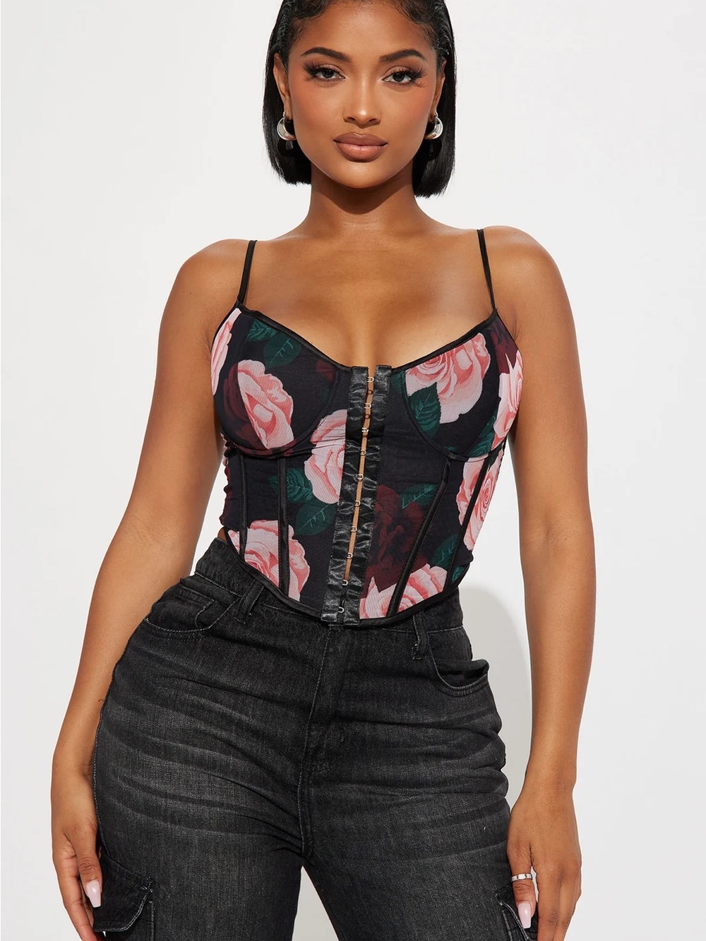 Fashion Nova Black Bustier Cami with Pink Rose Print